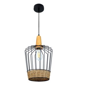 InLight Κρεμαστό φωτιστικό από μαύρο μέταλλο, σχοινί και ξύλο 1XE27 D:17cm