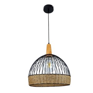 InLight Κρεμαστό φωτιστικό από μαύρο μέταλλο, σχοινί και ξύλο 1XE27 D:35cm
